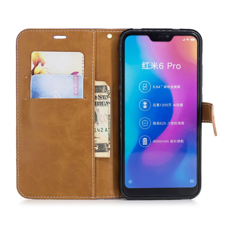Assorted Color Jeans Cloth Leather Wallet Case Cover for Xiaomi Mi A2 Lite / Redmi 6 Pro - Purple-8