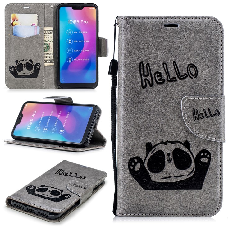 Imprinted Hello Panda Wallet Stand Leather Case for Xiaomi Mi A2 Lite / Redmi 6 Pro - Grey-1
