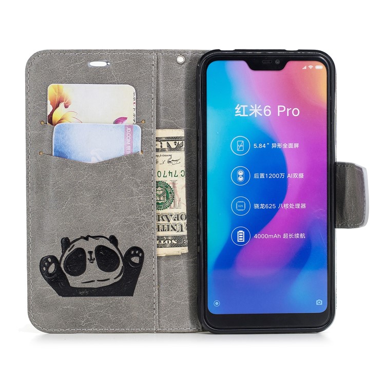 Imprinted Hello Panda Wallet Stand Leather Case for Xiaomi Mi A2 Lite / Redmi 6 Pro - Grey-8