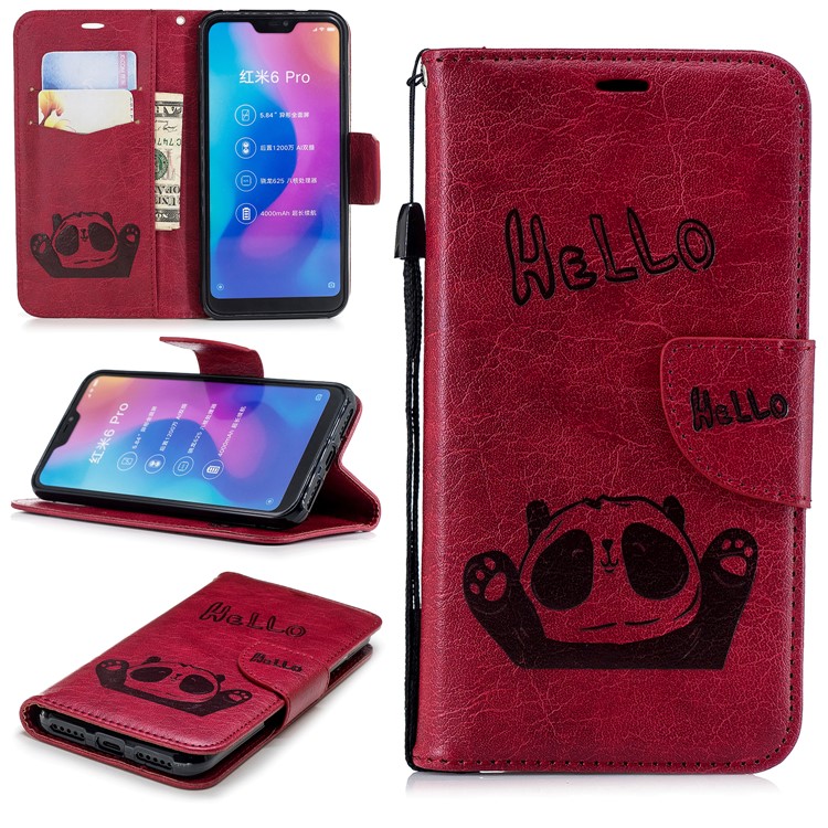 Imprinted Hello Panda Wallet Stand Leather Cover for Xiaomi Mi A2 Lite / Redmi 6 Pro - Rose-1