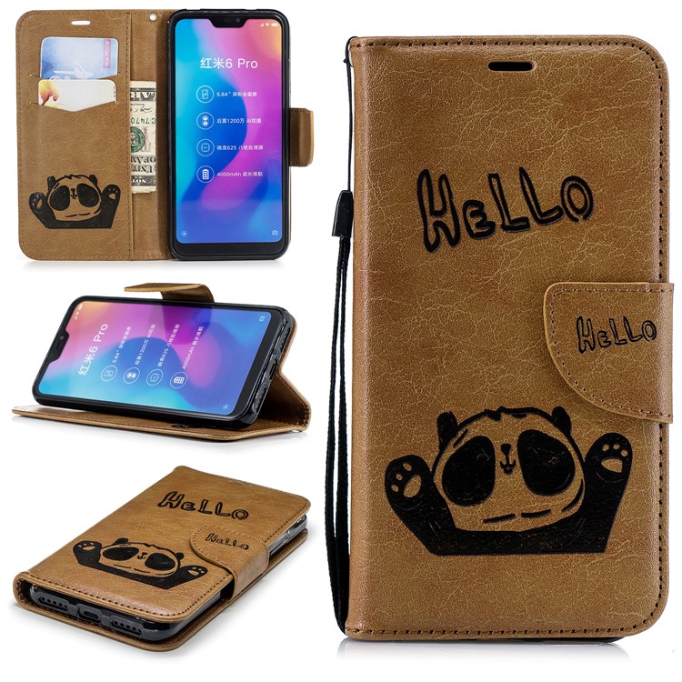 Imprinted Hello Panda Wallet Stand Leather Phone Shell for Xiaomi Mi A2 Lite / Redmi 6 Pro - Brown-1