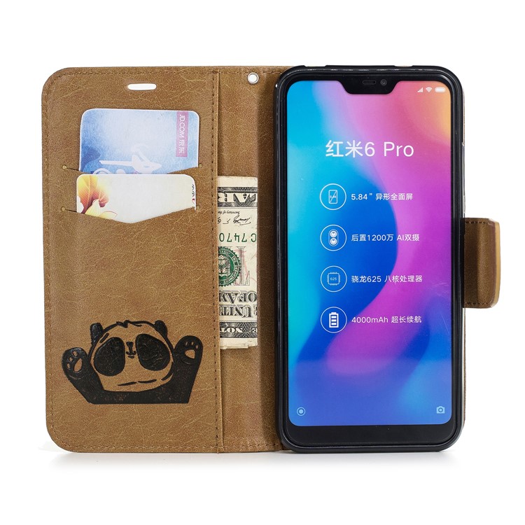 Imprinted Hello Panda Wallet Stand Leather Phone Shell for Xiaomi Mi A2 Lite / Redmi 6 Pro - Brown-8