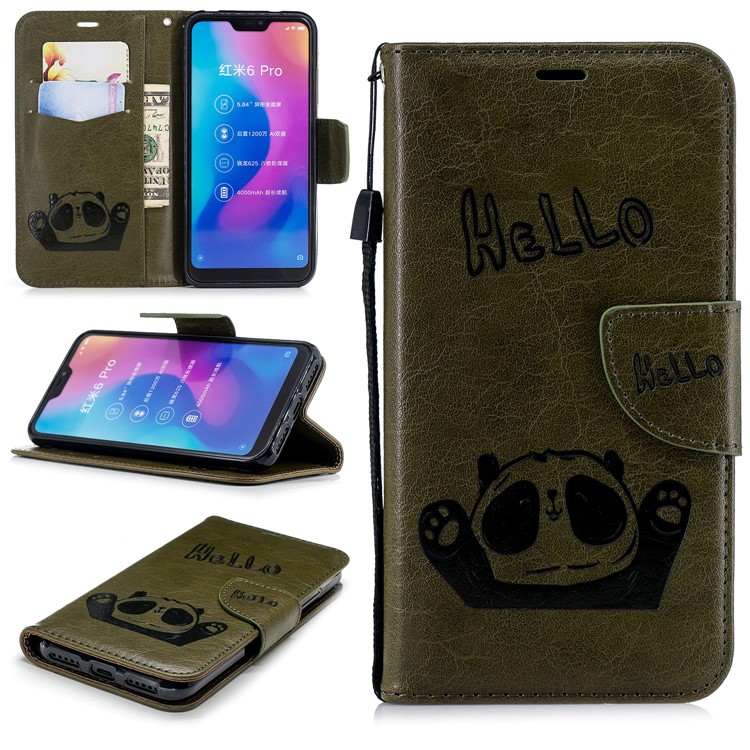Imprinted Hello Panda Wallet Stand Leather Mobile Case for Xiaomi Mi A2 Lite / Redmi 6 Pro - Green-1