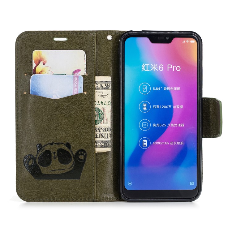 Imprinted Hello Panda Wallet Stand Leather Mobile Case for Xiaomi Mi A2 Lite / Redmi 6 Pro - Green-8