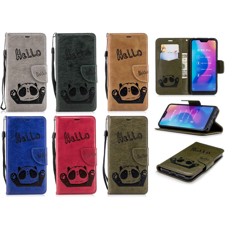 Imprinted Hello Panda Wallet Stand Leather Mobile Case for Xiaomi Mi A2 Lite / Redmi 6 Pro - Green-9