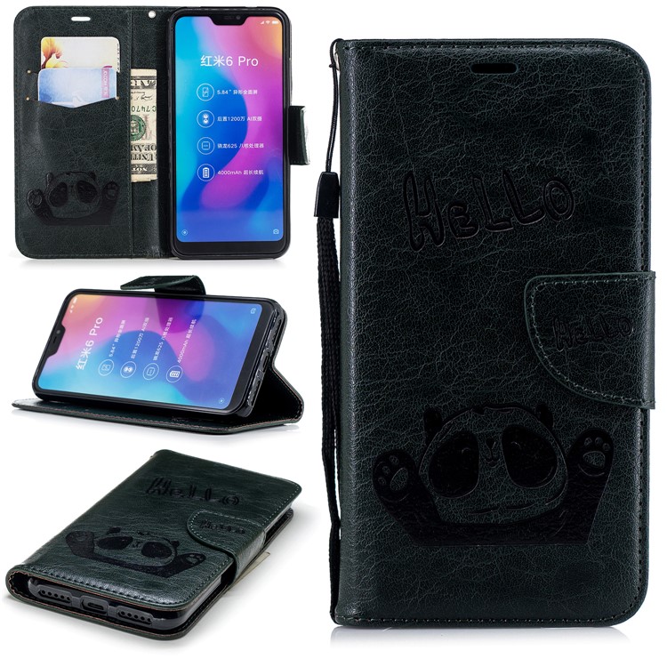 Imprinted Hello Panda Wallet Stand Leather Cellphone Cover for Xiaomi Mi A2 Lite / Redmi 6 Pro - Blackish Green-1