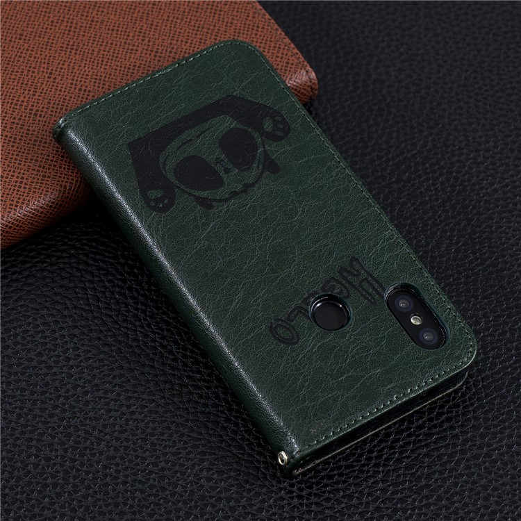 Imprinted Hello Panda Wallet Stand Leather Cellphone Cover for Xiaomi Mi A2 Lite / Redmi 6 Pro - Blackish Green-10