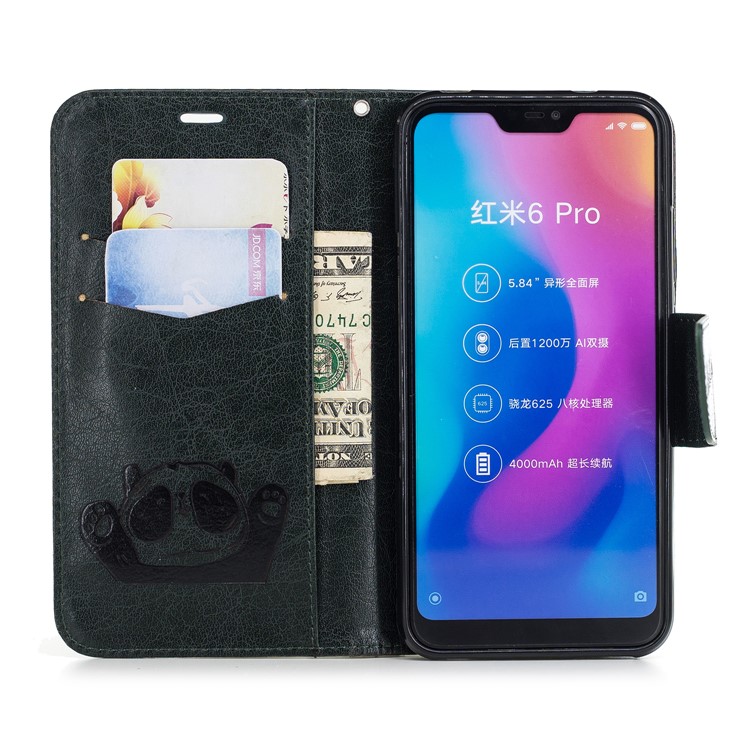 Imprinted Hello Panda Wallet Stand Leather Cellphone Cover for Xiaomi Mi A2 Lite / Redmi 6 Pro - Blackish Green-8