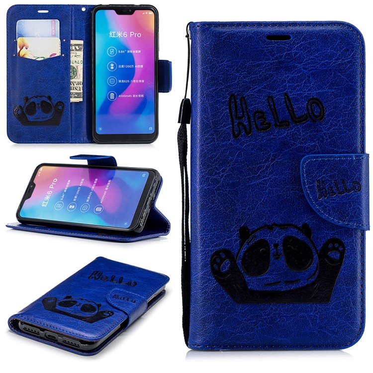 Imprinted Hello Panda Wallet Stand Leather Protector Shell for Xiaomi Mi A2 Lite / Redmi 6 Pro - Blue-1