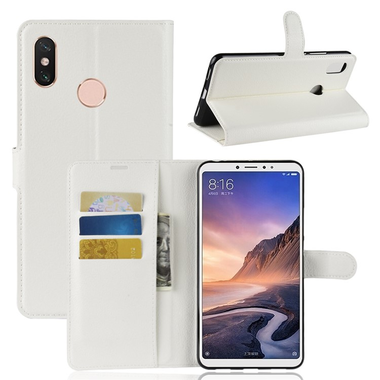Litchi Skin Wallet Leather Stand Cover for Xiaomi Mi Max 3 - White-1