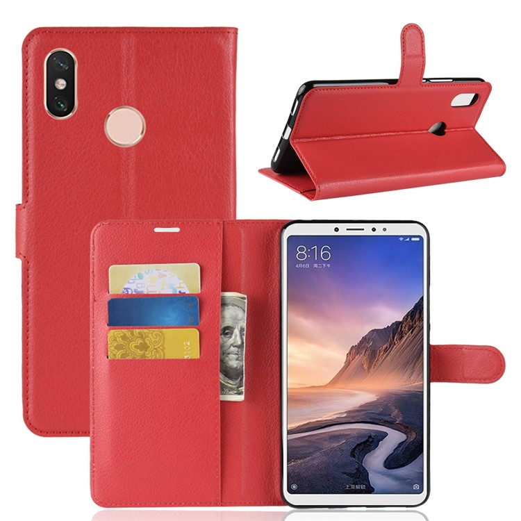 Litchi Skin Wallet Leather Stand Shell Casing for Xiaomi Mi Max 3 - Red-1