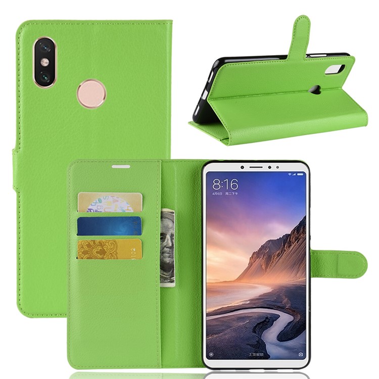 Litchi Skin Wallet Leather Stand Phone Casing for Xiaomi Mi Max 3 - Green-1