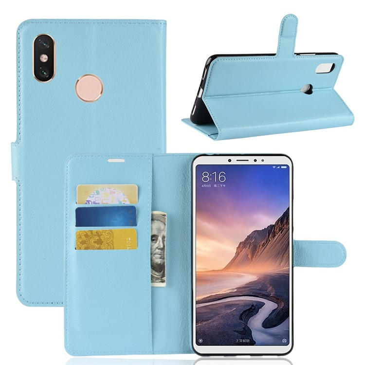 Litchi Skin Wallet Leather Stand Protective Shell for Xiaomi Mi Max 3 - Blue-1