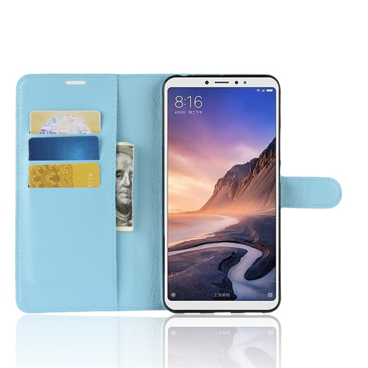 Litchi Skin Wallet Leather Stand Protective Shell for Xiaomi Mi Max 3 - Blue-4