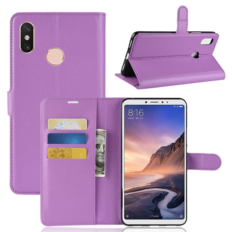 Litchi Skin Wallet Leather Stand Mobile Phone Case for Xiaomi Mi Max 3 - Purple-1