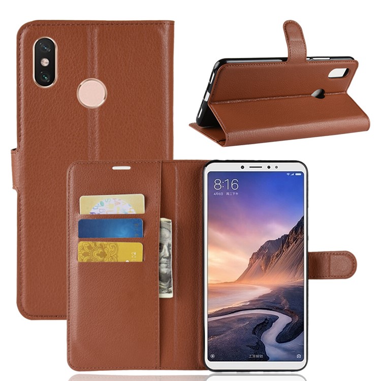 Litchi Skin Wallet Leather Stand Cell Phone Cover for Xiaomi Mi Max 3 - Brown-1
