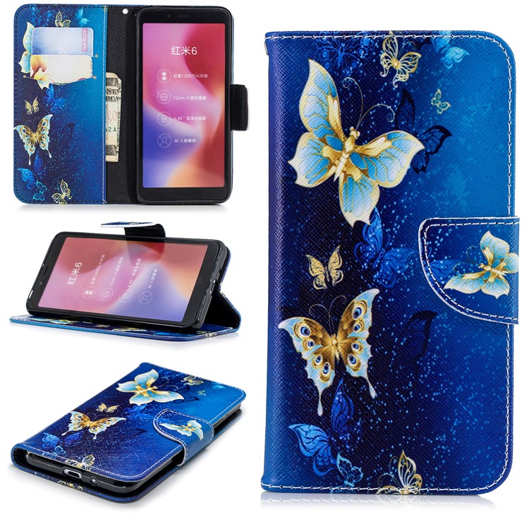 For Xiaomi Redmi 6 (Dual Camera: 12MP+5MP) Pattern Printing Leather Wallet Stand Case Cover - Gold and Blue Butterfly-1