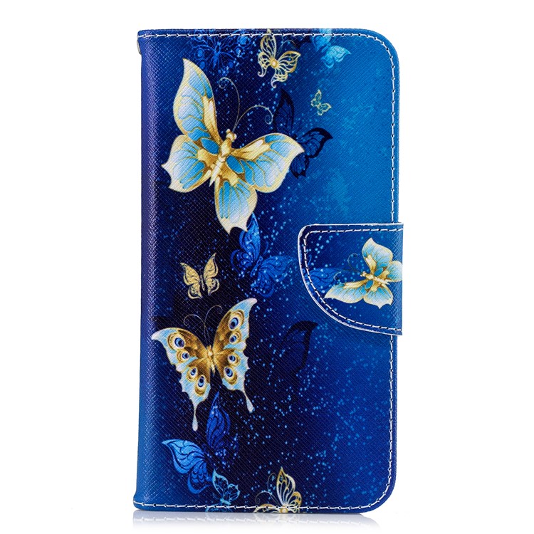 For Xiaomi Redmi 6 (Dual Camera: 12MP+5MP) Pattern Printing Leather Wallet Stand Case Cover - Gold and Blue Butterfly-2