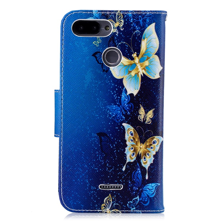 For Xiaomi Redmi 6 (Dual Camera: 12MP+5MP) Pattern Printing Leather Wallet Stand Case Cover - Gold and Blue Butterfly-3