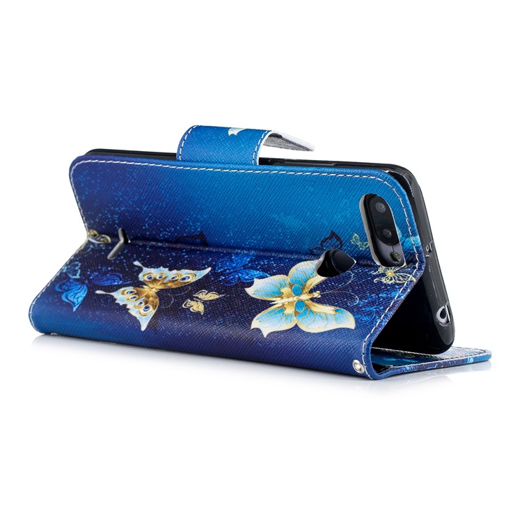 For Xiaomi Redmi 6 (Dual Camera: 12MP+5MP) Pattern Printing Leather Wallet Stand Case Cover - Gold and Blue Butterfly-4
