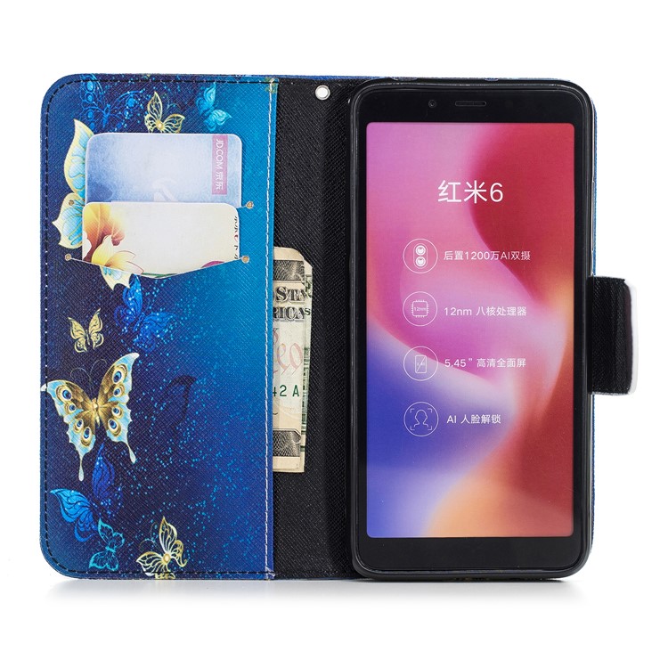 For Xiaomi Redmi 6 (Dual Camera: 12MP+5MP) Pattern Printing Leather Wallet Stand Case Cover - Gold and Blue Butterfly-8