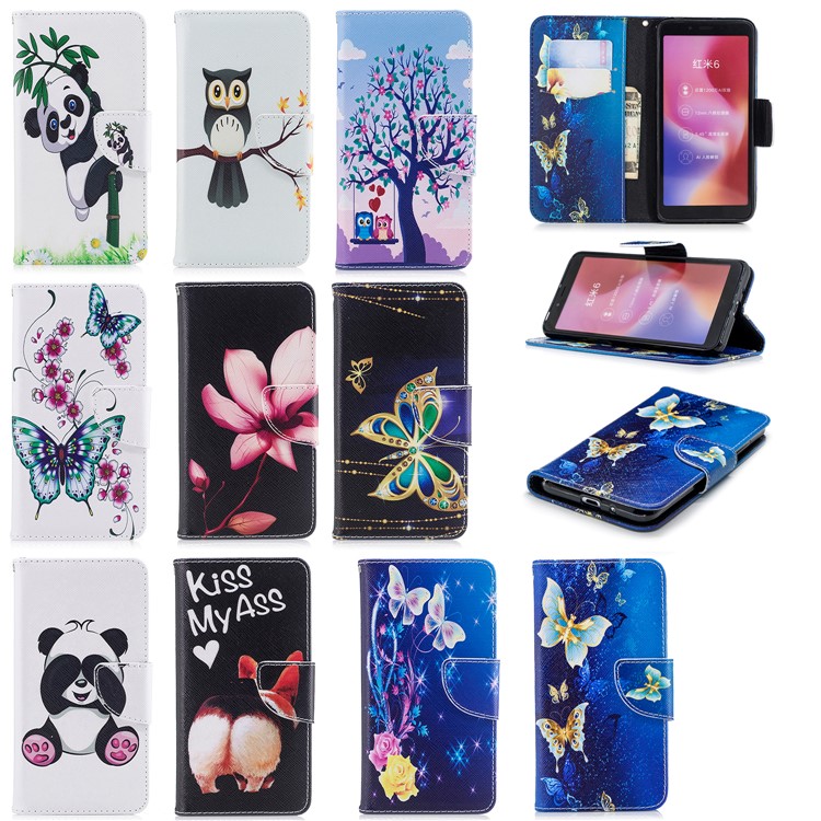 For Xiaomi Redmi 6 (Dual Camera: 12MP+5MP) Pattern Printing Leather Wallet Stand Case Cover - Gold and Blue Butterfly-9