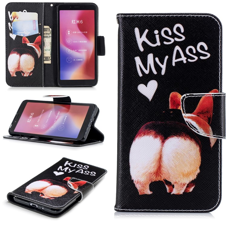 For Xiaomi Redmi 6 (Dual Camera: 12MP+5MP) Pattern Printing Leather Wallet Stand Protection Cover - Kiss My Ass-1