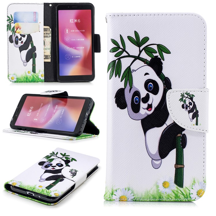 For Xiaomi Redmi 6 (Dual Camera: 12MP+5MP) Pattern Printing Leather Wallet Stand Protection Cover Case - Lovely Panda-1