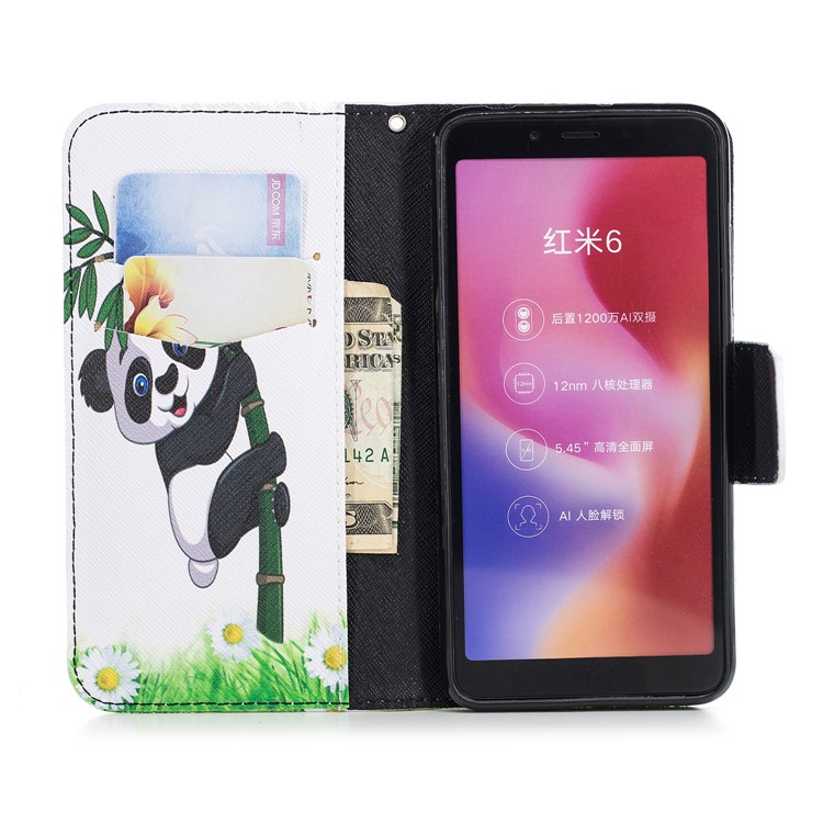 For Xiaomi Redmi 6 (Dual Camera: 12MP+5MP) Pattern Printing Leather Wallet Stand Protection Cover Case - Lovely Panda-8