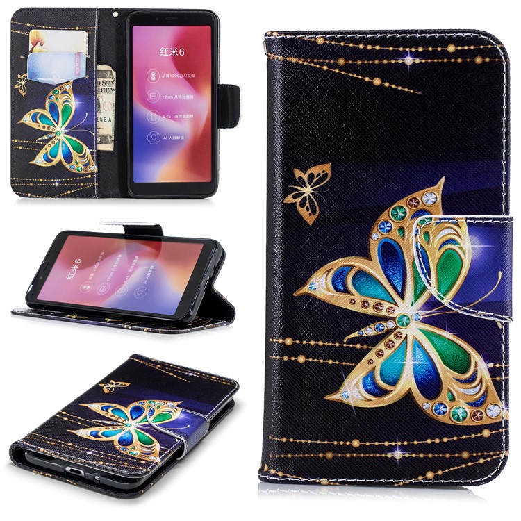For Xiaomi Redmi 6 (Dual Camera: 12MP+5MP) Pattern Printing Leather Wallet Stand Case Cover - Colorized Butterfly-1