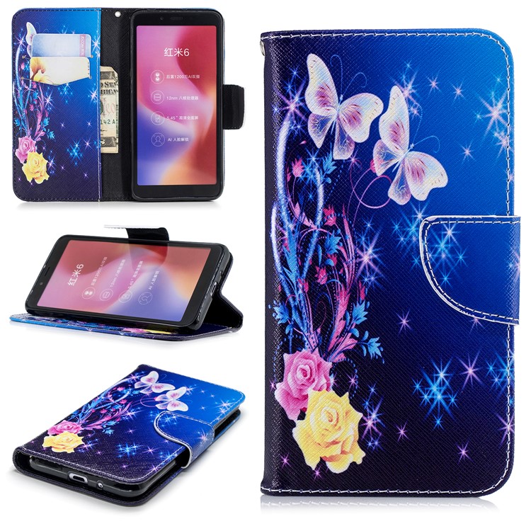 For Xiaomi Redmi 6 (Dual Camera: 12MP+5MP) Pattern Printing Leather Wallet Stand Case with Card Holders - Crystal Butterflies-1