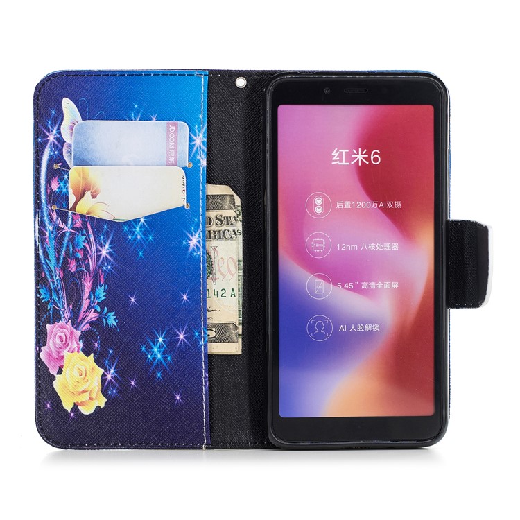 For Xiaomi Redmi 6 (Dual Camera: 12MP+5MP) Pattern Printing Leather Wallet Stand Case with Card Holders - Crystal Butterflies-8