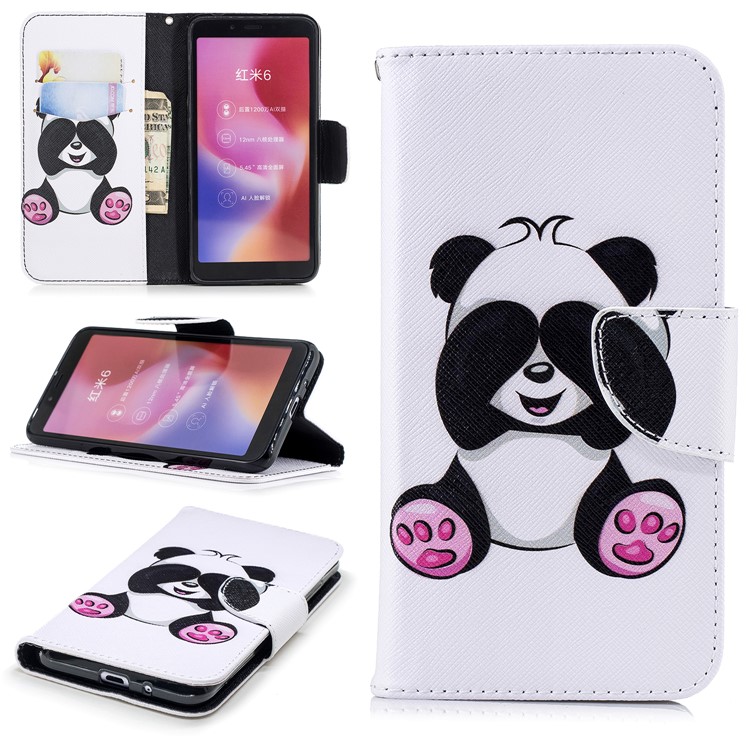 For Xiaomi Redmi 6 (Dual Camera: 12MP+5MP) Pattern Printing Leather Wallet Stand Folio Casing - Cute Panda-1