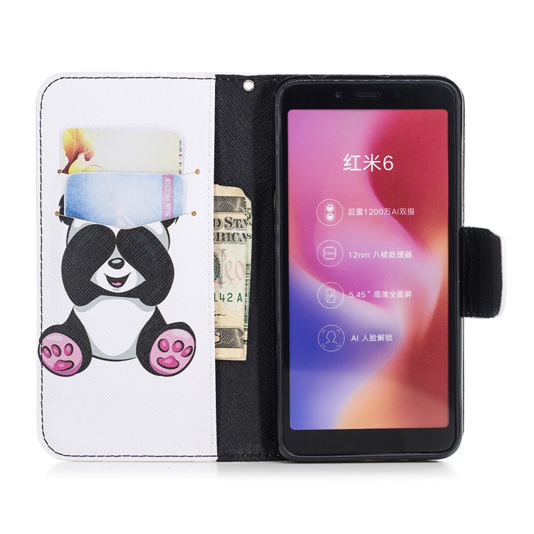 For Xiaomi Redmi 6 (Dual Camera: 12MP+5MP) Pattern Printing Leather Wallet Stand Folio Casing - Cute Panda-8
