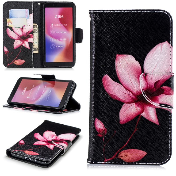 For Xiaomi Redmi 6 (Dual Camera: 12MP+5MP) Pattern Printing Leather Wallet Stand Folio Protection Case - Flower Pattern-1