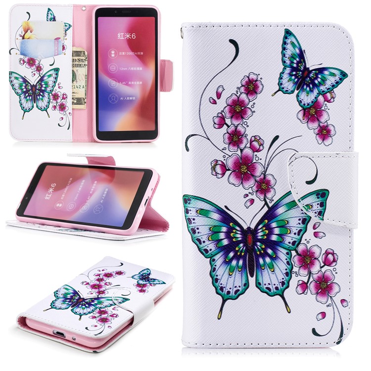 For Xiaomi Redmi 6 (Dual Camera: 12MP+5MP) Pattern Printing Leather Wallet Stand Shell Cover - Butterfly and Flower-1