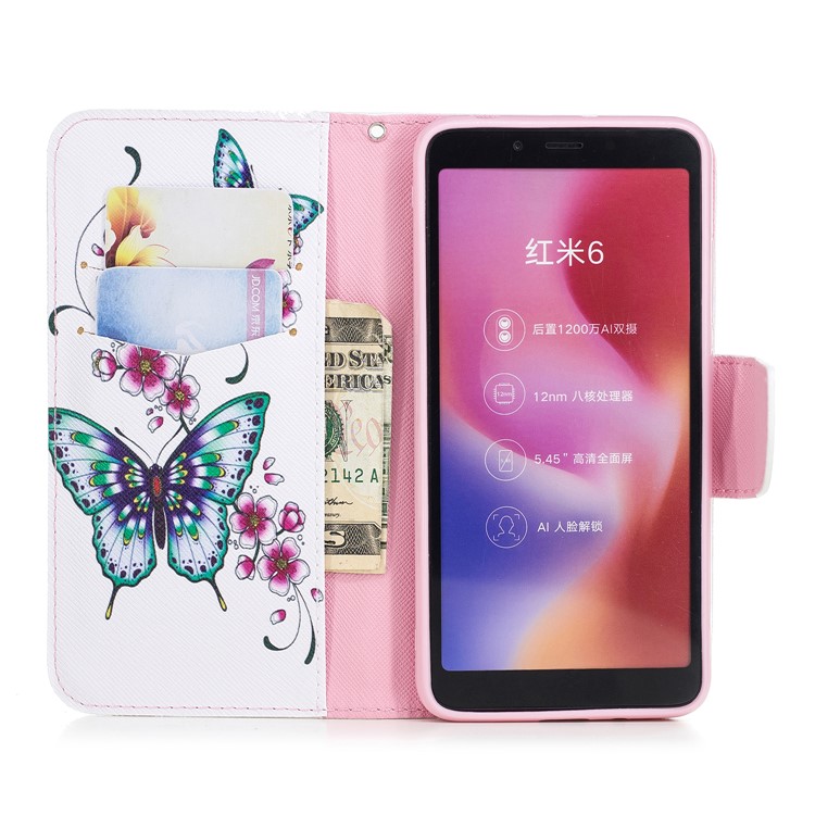 For Xiaomi Redmi 6 (Dual Camera: 12MP+5MP) Pattern Printing Leather Wallet Stand Shell Cover - Butterfly and Flower-8
