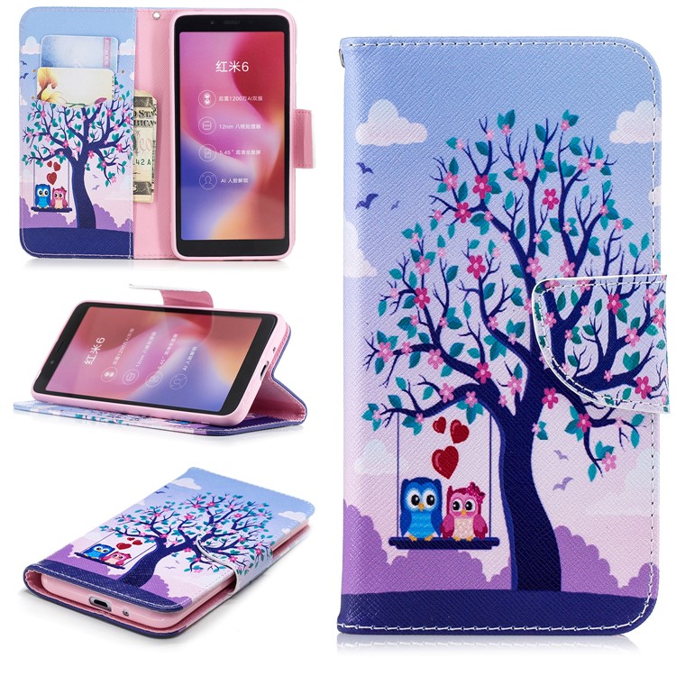 For Xiaomi Redmi 6 (Dual Camera: 12MP+5MP) Pattern Printing Leather Wallet Stand Flip Case Accessory - Tree and Owls-1