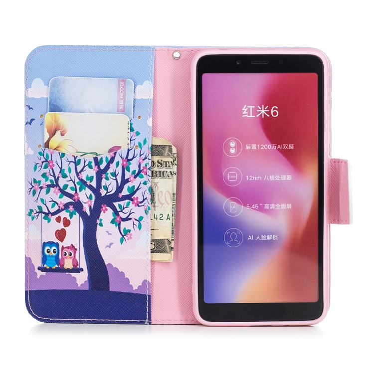 For Xiaomi Redmi 6 (Dual Camera: 12MP+5MP) Pattern Printing Leather Wallet Stand Flip Case Accessory - Tree and Owls-8