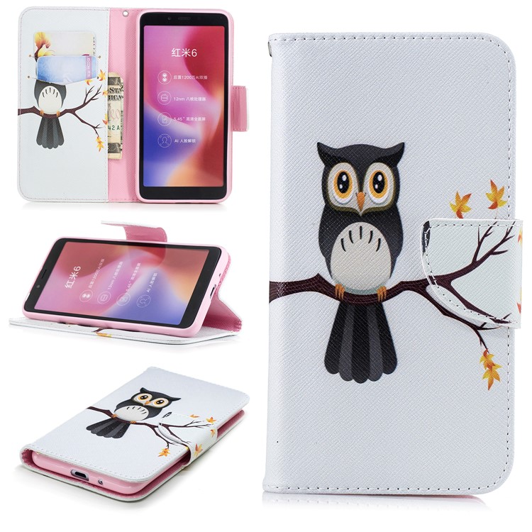 For Xiaomi Redmi 6 (Dual Camera: 12MP+5MP) Pattern Printing Leather Wallet Stand Cellphone Protective Cover - Owl on the Branch-1