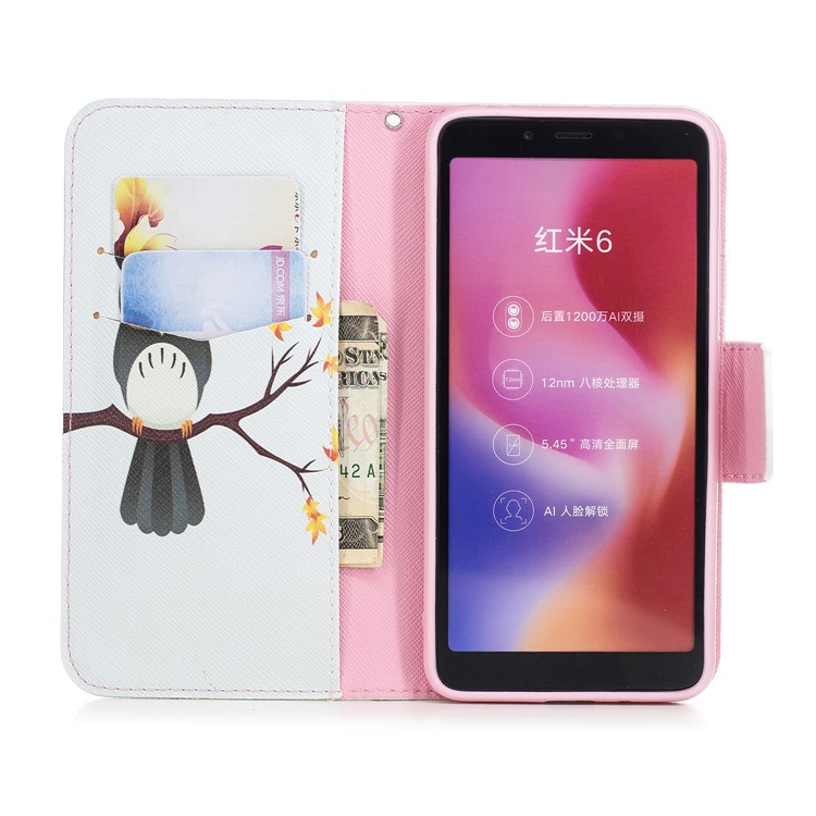 For Xiaomi Redmi 6 (Dual Camera: 12MP+5MP) Pattern Printing Leather Wallet Stand Cellphone Protective Cover - Owl on the Branch-8
