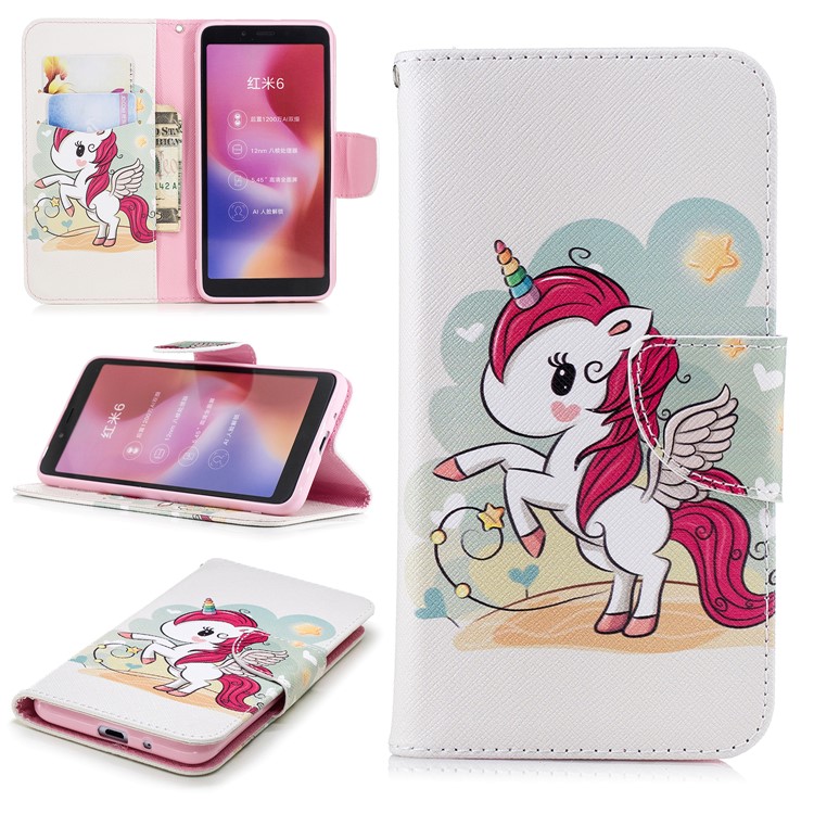 Pattern Printing Leather Phone Cover Shell with Card Slots for Xiaomi Redmi 6 (Dual Camera: 12MP+5MP) - Unicorn-1
