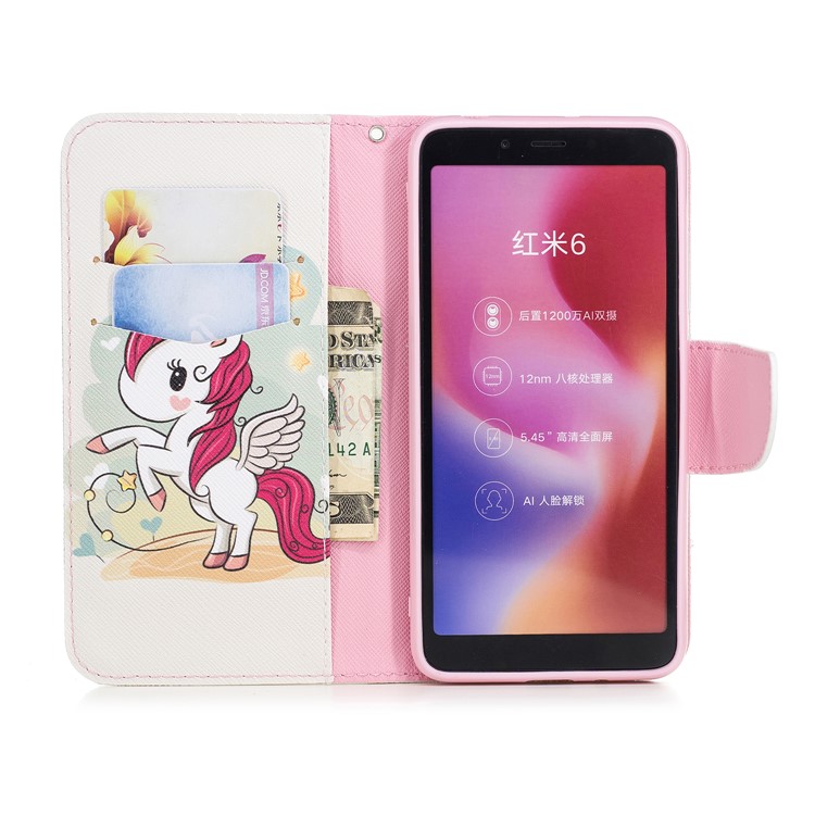 Pattern Printing Leather Phone Cover Shell with Card Slots for Xiaomi Redmi 6 (Dual Camera: 12MP+5MP) - Unicorn-8