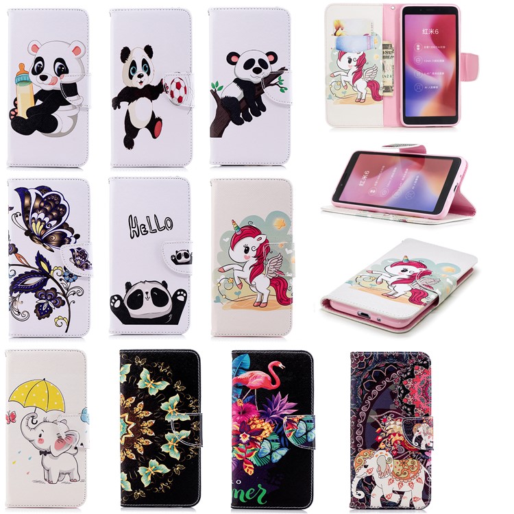 Pattern Printing Leather Phone Cover Shell with Card Slots for Xiaomi Redmi 6 (Dual Camera: 12MP+5MP) - Unicorn-9
