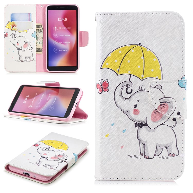 Pattern Printing Leather Cellphone Protective Case for Xiaomi Redmi 6 (Dual Camera: 12MP+5MP) - Elephant Holding an Umbrella-1