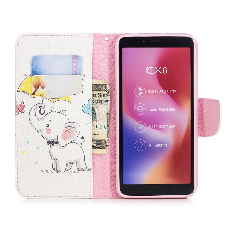 Pattern Printing Leather Cellphone Protective Case for Xiaomi Redmi 6 (Dual Camera: 12MP+5MP) - Elephant Holding an Umbrella-8