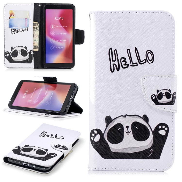 Pattern Printing Leather Protection Stand Shell with Card Slots for Xiaomi Redmi 6 (Dual Camera: 12MP+5MP) - Adorable Panda-1
