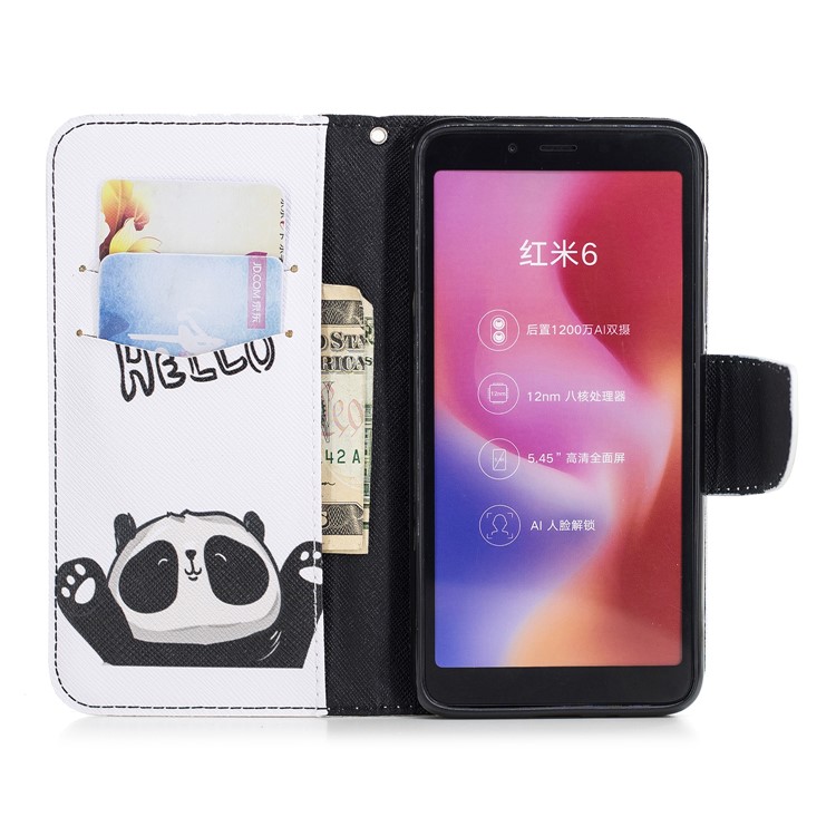 Pattern Printing Leather Protection Stand Shell with Card Slots for Xiaomi Redmi 6 (Dual Camera: 12MP+5MP) - Adorable Panda-8