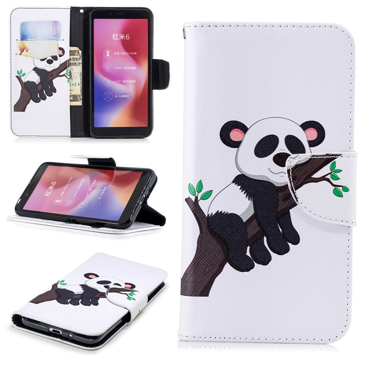 Pattern Printing Leather Wallet Stand Phone Cover with Card Slots for Xiaomi Redmi 6 (Dual Camera: 12MP+5MP) - Panda Climbing Tree-1