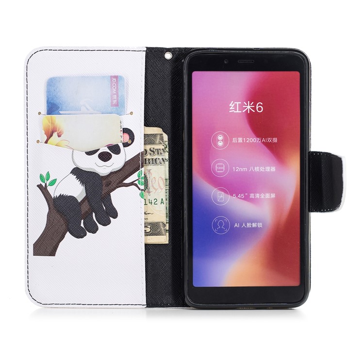 Pattern Printing Leather Wallet Stand Phone Cover with Card Slots for Xiaomi Redmi 6 (Dual Camera: 12MP+5MP) - Panda Climbing Tree-8